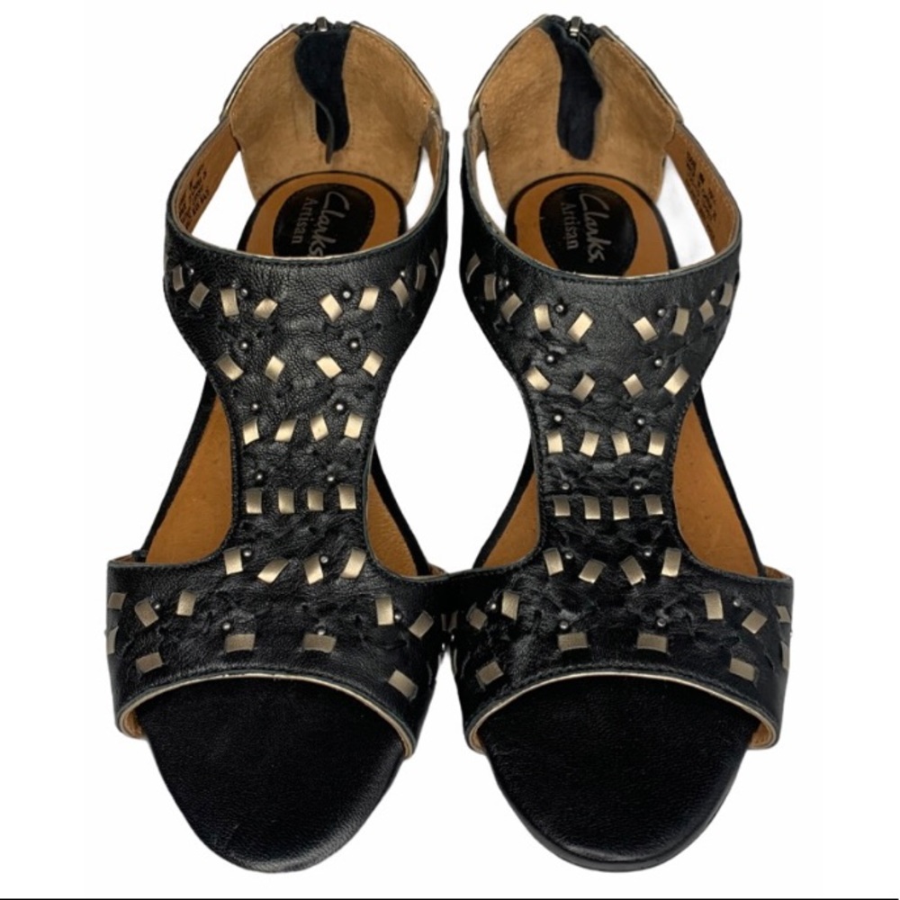 Clarks Thimble Clover Black Wedge Sandals 8 M